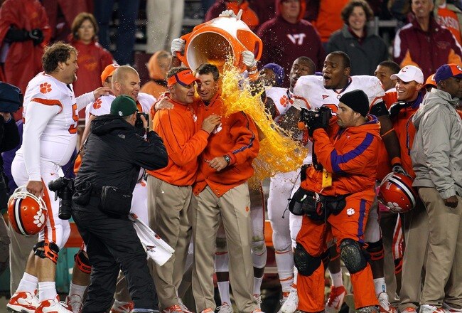 BLACKSBURG, VA - OCTOBER 1: Head coach Dabo Swinney of the Clemson University Tigers receives a Gatorade bath against the Virginia Tech University Hokies on October 1, 2011 at Lane Stadium in Blacksburg, Virginia. (Photo by Ned Dishman/Getty Images)