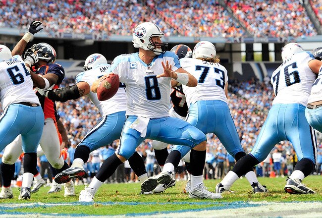 NASHVILLE, TN - SEPTEMBER 25:  Matt Hasselbeck #8 of the Tennessee Titans drops back to pass against the Denver Broncos  at LP Field on September 25, 2011 in Nashville, Tennessee. Tennessee won 17-14.  (Photo by Grant Halverson/Getty Images)