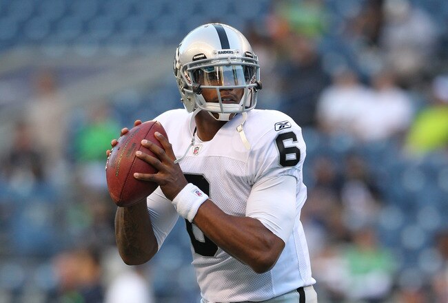 SEATTLE, WA - SEPTEMBER 02:  Quarterback Terrelle Pryor #6 of the Oakland Raiders warms up prior to the game against the Seattle Seahawks at CenturyLink Field on September 2, 2011 in Seattle, Washington. (Photo by Otto Greule Jr/Getty Images)
