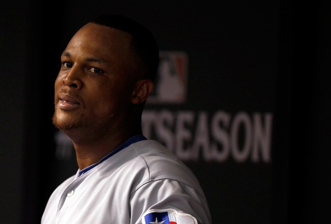 ST PETERSBURG, FL - OCTOBER 04:  Adrian Beltre #29 of the Texas Rangers looks on from the dugout while taking on the Tampa Bay Rays in Game Four of the American League Division Series at Tropicana Field on October 4, 2011 in St Petersburg, Florida. The home run is Beltre's third solo homer of the game.  (Photo by Mike Ehrmann/Getty Images)
