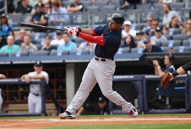 NEW YORK, NY - SEPTEMBER 25:  Carl Crawford of the Boston Red Sox on September 25, 2011 at Yankee Stadium in the Bronx borough of New York City.  (Photo by Nick Laham/Getty Images)