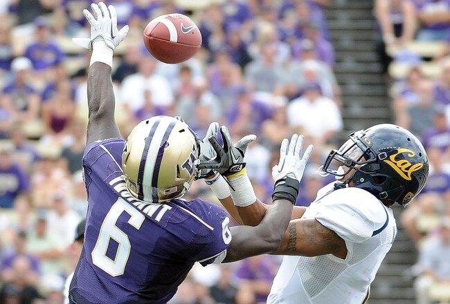 SEATTLE, WA - SEPTEMBER 24:  Marvin Jones #1 of the California Golden Bears has the ball knocked away by Desmond Trufant #6 during the second quarter at Husky Stadium on September 24, 2011 in Seattle, Washington.  (Photo by Harry How/Getty Images)