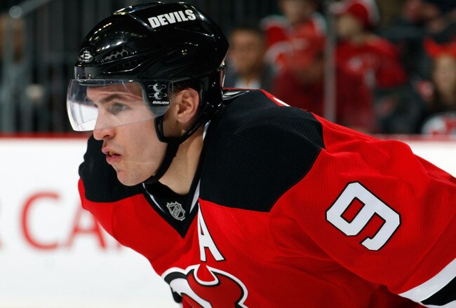 NEWARK, NJ - APRIL 02:  Zach Parise #9 of the New Jersey Devils waits for a faceoff during an NHL hockey game against the Montreal Canadians at the Prudential Center on April 2, 2011 in Newark, New Jersey.  (Photo by Paul Bereswill/Getty Images)