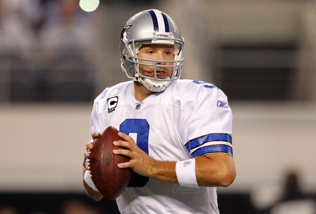 ARLINGTON, TX - SEPTEMBER 26:  Tony Romo #9 of the Dallas Cowboys drops back to pass against the Washington Redskins at Cowboys Stadium on September 26, 2011 in Arlington, Texas.  (Photo by Tom Pennington/Getty Images)