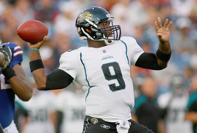 ORCHARD PARK, NY - AUGUST 27: David Garrard #9 of the Jacksonville Jaguars throws against the Jacksonville Jaguars at Ralph Wilson Stadium on August 27, 2011 in Orchard Park, New York.  (Photo by Rick Stewart/Getty Images)