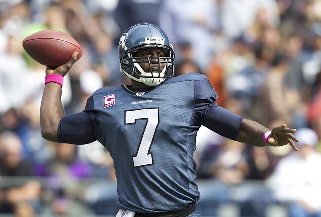 SEATTLE, WA - OCTOBER 2: Quarterback Tarvaris Jackson #7 of the Seattle Seahawks passes the ball during play against the Atlanta Falcons at CenturyLink Field on October 2, 2011 in Seattle, Washington.  (Photo by Stephen Brashear /Getty Images)