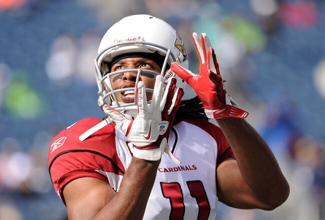 SEATTLE, WA - SEPTEMBER 25:  Larry Fitzgerald #11 of the Arizona Cardinals warms up before the game against the Seattle Seahawks at CenturyLink Field on September 25, 2011 in Seattle, Washington.  (Photo by Harry How/Getty Images)