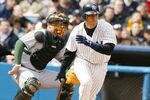 05 Apr 2002 :  Robin Ventura of the New York Yankees breaks into a sprint after hitting against the Tampa Bay Devil Rays during the opening day game at Yankee Stadium  in the Bronx, New York. The Yankees won 4-0. DIGITAL IMAGE.  Mandatory Credit: Al Bello/Getty Images