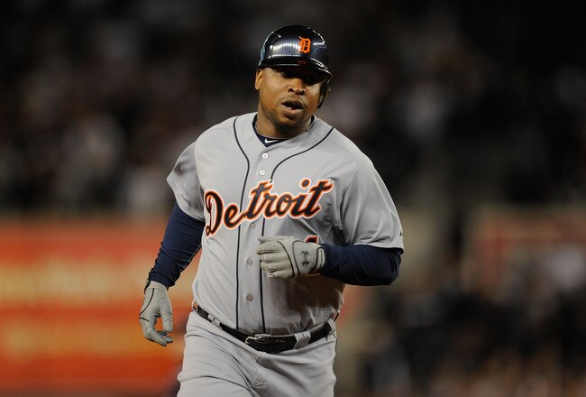 NEW YORK, NY - OCTOBER 06:  Delmon Young #21 of the Detroit Tigers rounds the bases on his solo home run in the top of the first inning against the New York Yankees during Game Five of the American League Championship Series at Yankee Stadium on October 6, 2011 in the Bronx borough of New York City.  (Photo by Patrick McDermott/Getty Images)