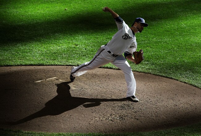 MILWAUKEE, WI - OCTOBER 01:  Yovani Gallardo #49 of the Milwaukee Brewers throws a pitch during Game One of the National League Division Series against the Arizona Diamondbacks at Miller Park on October 1, 2011 in Milwaukee, Wisconsin.  (Photo by Jonathan Daniel/Getty Images)