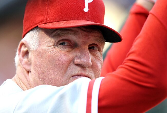 ST LOUIS, MO - OCTOBER 05:  Manager Charlie Manuel of the Philadelphia Phillies looks on before taking on the St. Louis Cardinals in Game Four of the National League Division Series at Busch Stadium on October 5, 2011 in St Louis, Missouri.  (Photo by Jamie Squire/Getty Images)