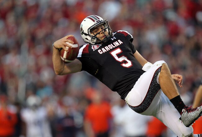 COLUMBIA, SC - OCTOBER 01:  Stephen Garcia #5 of the South Carolina Gamecocks is tackled during their game against the Auburn Tigers at Williams-Brice Stadium on October 1, 2011 in Columbia, South Carolina.  (Photo by Streeter Lecka/Getty Images)