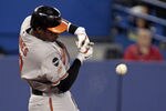 TORONTO, CANADA - SEPTEMBER 9: Adam Jones #10 of the Baltimore Orioles breaks his bat during MLB action against the Toronto Blue Jays at the Rogers Centre September 9, 2011 in Toronto, Ontario, Canada. (Photo by Abelimages/Getty Images)
