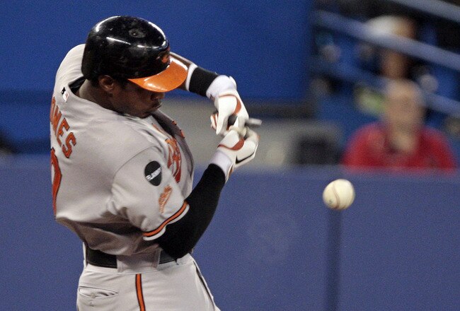 TORONTO, CANADA - SEPTEMBER 9: Adam Jones #10 of the Baltimore Orioles breaks his bat during MLB action against the Toronto Blue Jays at the Rogers Centre September 9, 2011 in Toronto, Ontario, Canada. (Photo by Abelimages/Getty Images)