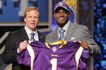 NFL Commissioner Roger Goodell, left, with Adrian Peterson RB out of Oklahoma chosen seventh by the Minnesota Vikings during the NFL draft at Radio City Music Hall in New York, NY on Saturday, April 28, 2007. (Photo by Richard Schultz/NFLPhotoLibrary)