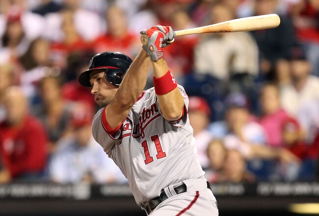 PHILADELPHIA - SEPTEMBER 21: Third baseman Ryan Zimmerman #11 of the Washington Nationals bats during a game against the Philadelphia Phillies at Citizens Bank Park on September 21, 2011 in Philadelphia, Pennsylvania. The Nationals won 7-5. (Photo by Hunter Martin/Getty Images)