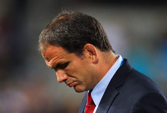 AUCKLAND, NEW ZEALAND - OCTOBER 08: Martin Johnson, the England manager looks dejected as his team are defeated during quarter final two of the 2011 IRB Rugby World Cup between England and France at Eden Park on October 8, 2011 in Auckland, New Zealand.  (Photo by David Rogers/Getty Images)