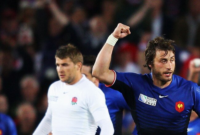 AUCKLAND, NEW ZEALAND - OCTOBER 08: Maxime Medard of France celebrates after Francois Trinh-Duc kicks a drop goal during quarter final two of the 2011 IRB Rugby World Cup between England and France at Eden Park on October 8, 2011 in Auckland, New Zealand.  (Photo by David Rogers/Getty Images)