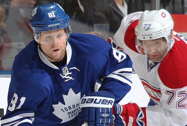 TORONTO, CANADA - OCTOBER 6:  Phil Kessel #81 of the Toronto Maple Leafs skates with the puck in a game against the Montreal Canadiens on October 6, 2011 at the Air Canada Centre in Toronto, Canada. (Photo by Claus Andersen/Getty Images)
