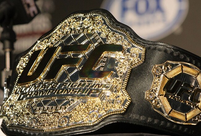 HOLLYWOOD, CA - SEPTEMBER 20:  A detailed view of the UFC Championship belt prior to the UFC on Fox: Velasquez v Dos Santos - Press Conference at W Hollywood on September 20, 2011 in Hollywood, California.  (Photo by Victor Decolongon/Getty Images)