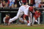 PHILADELPHIA, PA - OCTOBER 07:  Ryan Howard #6 of the Philadelphia Phillies stumbles as he runs out of the box on his ground out for the final out of the game as they lost 1-0 against the St. Louis Cardinals during Game Five of the National League Divisional Series at Citizens Bank Park on October 7, 2011 in Philadelphia, Pennsylvania.  (Photo by Drew Hallowell/Getty Images)