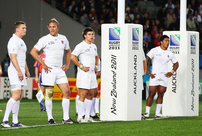AUCKLAND, NEW ZEALAND - OCTOBER 08:  (L-R) Chris Ashton, Lewis Moody, Ben Youngs and Manu Tuilagi of England look dejected during quarter final two of the 2011 IRB Rugby World Cup between England and France at Eden Park on October 8, 2011 in Auckland, New Zealand.  (Photo by David Rogers/Getty Images)