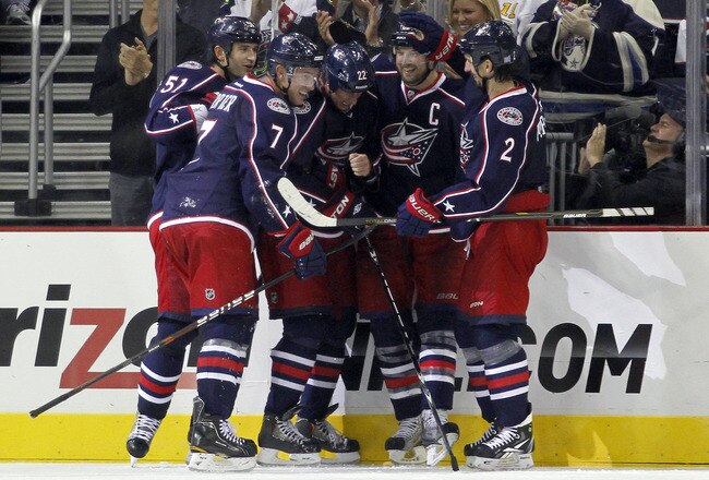 COLUMBUS, OH - OCTOBER 7:  Rick Nash #61 of the Columbus Blue Jackets celebrates his third period goal against the Nashville Predators during the game at Nationwide Arena on October 7, 2011 in Columbus, Ohio.  The Predators defeated the Blue Jackets 3-2.  (Photo by Justin K. Aller/Getty Images)