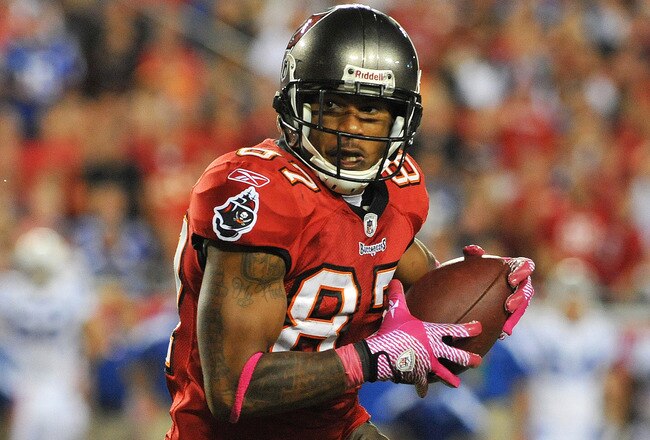 TAMPA, FL - OCTOBER 3:  Wide receiver Preston Parker #87 of the Tampa Bay Buccaneers scores after catching a pass against the Indianapolis Colts October 3, 2011 at Raymond James Stadium in Tampa, Florida. (Photo by Al Messerschmidt/Getty Images)