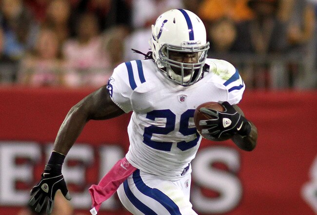 TAMPA, FL - OCTOBER 03:  Running back Joseph Addai #29 of the Indianapolis Colts runs the ball against the Tampa Bay Buccaneers at Raymond James Stadium on October 3, 2011 in Tampa, Florida.  (Photo by Marc Serota/Getty Images)