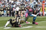 CHARLOTTE, NC - OCTOBER 9: Steve Smith #89 of the Carolina Panthers catches a 54-yard touchdown pass in the first quarter against Jabari Greer #33 of the New Orleans Saints at Bank of America Stadium on October 9, 2011 in Charlotte, North Carolina. (Photo by Joe Robbins/Getty Images)