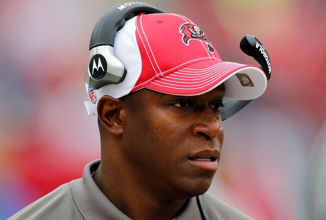TAMPA, FL - DECEMBER 19:  Head coach Raheem Morris of the Tampa Bay Buccaneers directs his team against the Detroit Lions during the game at Raymond James Stadium on December 19, 2010 in Tampa, Florida.  (Photo by J. Meric/Getty Images)