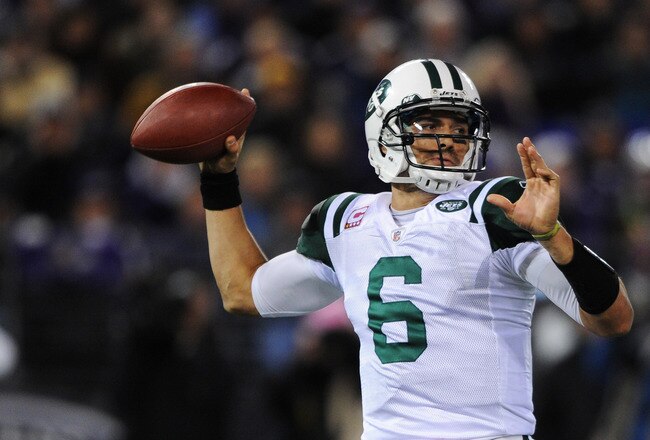 BALTIMORE, MD - OCTOBER 2: Quarterback Mark Sanchez #6 of the New York Jets throws to a teammate against the Baltimore Ravens at M&T Bank Stadium on October 2, 2011 in Baltimore, Maryland. Baltimore Ravens won, 34-17. (Photo by Patrick Smith/Getty Images)