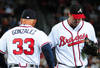 ATLANTA - SEPTEMBER 27: Derek Lowe #32 of the Atlanta Braves is removed from the game by Manager Fredi Gonzalez #33 against the Philadelphia Phillies at Turner Field on September 27, 2011 in Atlanta, Georgia. (Photo by Scott Cunningham/Getty Images)