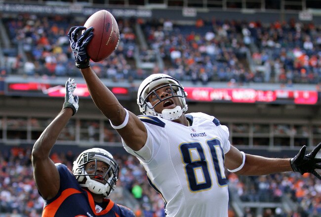 DENVER, CO - OCTOBER 09:  Malcom Floyd #80 of the San Diego Chargers makes a one handed catch out of bounds in the end zone against Andre' Goodman #21 of the Denver Broncos at Sports Authority Field at Mile High on October 9, 2011 in Denver, Colorado.  (Photo by Doug Pensinger/Getty Images)