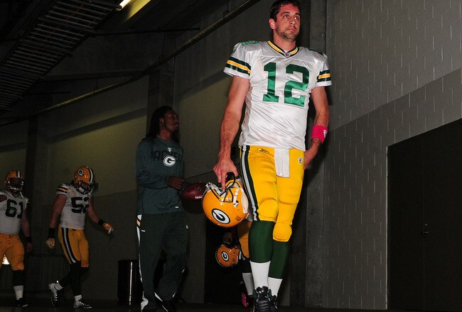 ATLANTA, GA - OCTOBER 9: Aaron Rodgers #12 of the Green Bay Packers heads to the field for the game against the Atlanta Falcons at the Georgia Dome on October 9, 2011 in Atlanta, Georgia. (Photo by Scott Cunningham/Getty Images)