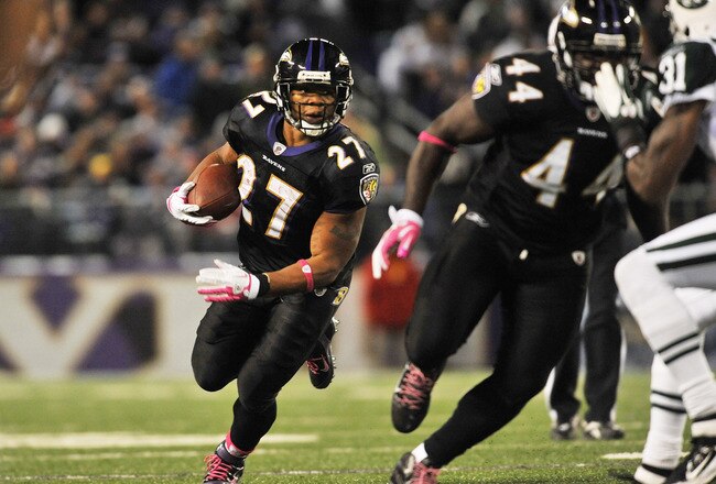 BALTIMORE - OCTOBER 2:  Ray Rice #27 of the Baltimore Ravens runs the ball against the New York Jets at M&T Bank Stadium on October 2. 2011 in Baltimore, Maryland. The Ravens defeated the Jets 34-17. (Photo by Larry French/Getty Images)