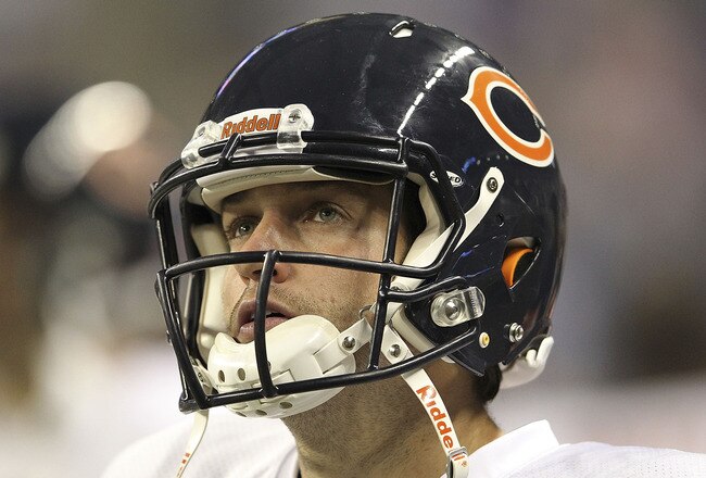 DETROIT - OCTOBER 10: Jay Cutler #6 of the Chicago Bears watches the action on the side lines during the game against the Detroit Lions at Ford Field on October 10, 2011 in Detroit, Michigan. The Lions defeated the Bears 24-13.  (Photo by Leon Halip/Getty Images)