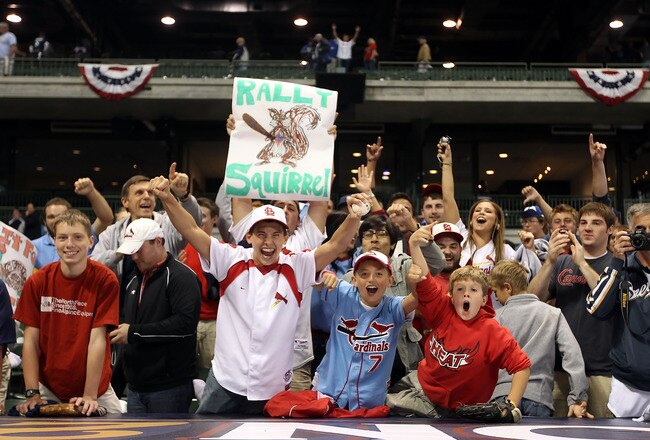 MILWAUKEE, WI - OCTOBER 10:  Fans of the St. Louis Cardinals cheer after Game Two of the National League Championship Series against the Milwaukee Brewers at Miller Park on October 10, 2011 in Milwaukee, Wisconsin. The Cardinals defeated the  Brewers 12-3. (Photo by Christian Petersen/Getty Images)