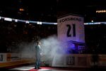 DENVER, CO - OCTOBER 8:  Former Colorado Avalanche player Peter Forsberg is honored by having his jersey retired before a game between the Detroit Red Wings and Colorado Avalanche at Pepsi Center on October 8, 2011 in Denver, Colorado.  (Photo by Justin Edmonds/Getty Images)