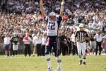 OAKLAND, CA - OCTOBER 02:   Tom Brady #12 of the New England Patriots celebrates after the Patriots scored a touchdown against the Oakland Raiders at O.co Coliseum on October 2, 2011 in Oakland, California.  (Photo by Ezra Shaw/Getty Images)