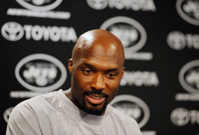 FLORHAM PARK, NJ - AUGUST 07:  Derrick Mason #85 of the New York Jets speaks to the media at NY Jets Practice Facility on August 7, 2011 in Florham Park, New Jersey.  (Photo by Patrick McDermott/Getty Images)