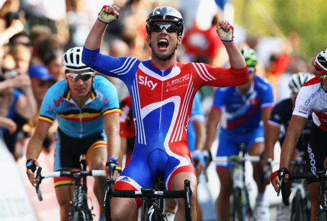 COPENHAGEN, DENMARK - SEPTEMBER 25:  Mark Cavendish of Great Britain celebrates after winning the Men's Elite Road Race during day seven of the UCI Road World Championships on September 25, 2011 in Copenhagen, Denmark.  (Photo by Bryn Lennon/Getty Images)