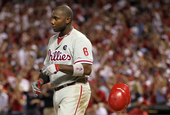 ST LOUIS, MO - OCTOBER 05:  Ryan Howard #6 of the Philadelphia Phillies reacts after striking out swinging against pitcher Marc Rzepczynski #34 of the St. Louis Cardinals in the eighth inning in Game Four of the National League Division Series at Busch Stadium on October 5, 2011 in St Louis, Missouri.  (Photo by Jamie Squire/Getty Images)