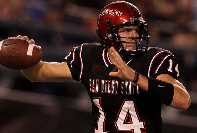 SAN DIEGO - NOVEMBER 20:  Quarterback Ryan Lindley #14 of the San Diego State Aztecs throws a pass against the Utah Utes at Qualcomm Stadium on November 20, 2010 in San Diego, California.  Utah won 38-34.  (Photo by Stephen Dunn/Getty Images)