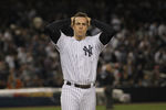 NEW YORK, NY - OCTOBER 06:  Mark Teixeira #25 of the New York Yankees reacts after he was stranded on first base when Nick Swisher #33 struck out with the bases loaded to end the bottom of the seventh inning during Game Five of the American League Championship Series at Yankee Stadium on October 6, 2011 in the Bronx borough of New York City.  (Photo by Nick Laham/Getty Images)