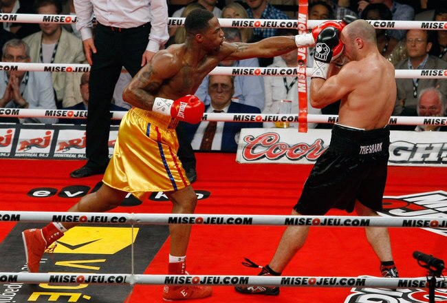 MONTREAL, CANADA - MAY 21:  Chad Dawson punches Adrian Diaconu prior to the WBC Light-Heavyweight Championship fight between Bernard Hopkins and Jean Pascal at the Bell Centre on May 22, 2011 in Montreal, Quebec, Canada.  (Photo by Richard Wolowicz/Getty Images)