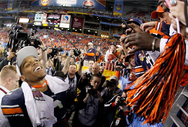 GLENDALE, AZ - JANUARY 10:  Quarterback Cameron Newton #2 of the Auburn Tigers celebrates their 22-19 victory after defeating the Oregon Ducks in the Tostitos BCS National Championship Game at University of Phoenix Stadium on January 10, 2011 in Glendale, Arizona.  (Photo by Kevin C. Cox/Getty Images)