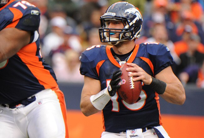 DENVER, CO - OCTOBER 9: Tim Tebow #15 of the Denver Broncos reacts to a play against the San Diego Chargers at Sports Authority Field at Mile High on October 9, 2011 in Denver, Colorado. The Chargers won 29-24. (Photo by Bart Young/Getty Images)