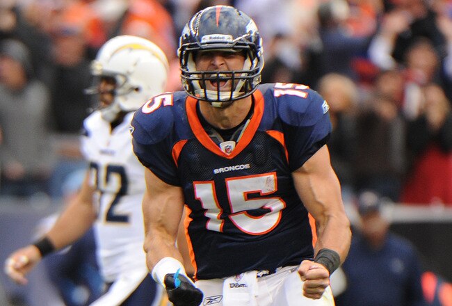 DENVER, CO - OCTOBER 9: Tim Tebow #15 of the Denver Broncos reacts to a play against the San Diego Chargers at Sports Authority Field at Mile High on October 9, 2011 in Denver, Colorado.  (Photo by Bart Young/Getty Images)