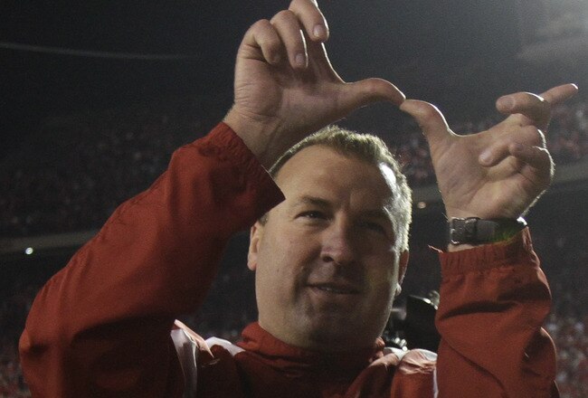 MADISON, WI - OCTOBER 1: Head coach Bret Bielema of the Wisconsin Badgers acknowledges the crowd after defeating the Nebraska Cornhuskers 48-17 October 1, 2011 at Camp Randall Stadium in Madison, Wisconsin.  (Photo by John Gress/Getty Images)